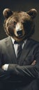 A bear in a conservative suit presenting risk management solutions contrasting a bulls optimistic market forecast Royalty Free Stock Photo