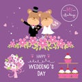 Bear Couple Wedding Flower Sweet cute cartoon Vector