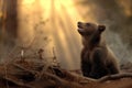 bear cub calling out in smokey woods Royalty Free Stock Photo