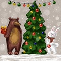 A bear cub with a gift and a bunny with a Christmas tree are standing by the tree. Snow falls. Royalty Free Stock Photo