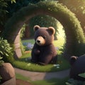 bear cub playing the garden and looking forward for his momma