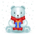 Bear cub sit with new year gift winter background