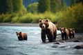 She-Bear and Cubs of Kamchatka Ursus arctos beringianus, Grizzly bears on the river. Kamchatka, AI Generated