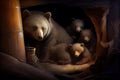 bear cubs playing in their den, while mother bear keeps watch