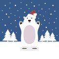 Vector illustration with a christmas polar bear in a santa hat in a snowy forest Royalty Free Stock Photo