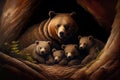 bear den, with mother bear and her cubs resting inside Royalty Free Stock Photo