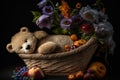 bear doll lying in basket surrounded by fruits and flowers