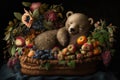 bear doll lying in basket surrounded by fruits and flowers