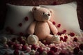 bear doll lying on bed of plush pillows, surrounded by rose petals