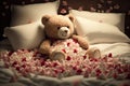 bear doll lying on bed of plush pillows, surrounded by rose petals