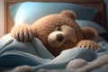 bear doll lying on plush bed, with its head and shoulders propped up by fluffy pillows