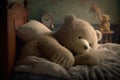 bear doll lying on plush bed, with its head and shoulders propped up by fluffy pillows