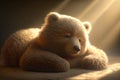 bear doll lying in sunbeam, with its fur shining