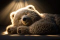 bear doll lying in sunbeam, with its fur shining