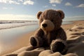 bear doll relaxing on sun-drenched beach, with the waves rolling in