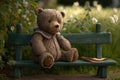 bear doll, sitting on bench, with view of peaceful garden