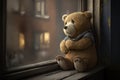 bear doll sitting on the window sill, watching the outside world Royalty Free Stock Photo