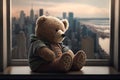 bear doll sitting on windowsill with view of city skyline