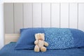 Bear doll is sleeping lonely on bed