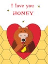 Bear eating sweet honey inside of red heart on bee comb backgro Royalty Free Stock Photo