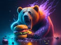 the bear eats a delicious burger.