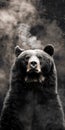 A bear emerging from smoke fade against a black background, creating a dreamscape portraiture with a gigantic scale, perfect for a