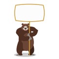 Bear and empty banner. Wild animal and blank. Beast and clean white sheet. Royalty Free Stock Photo