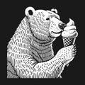 Bear enjoying ice cream cone, black and white illustration Royalty Free Stock Photo