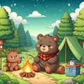 A bear family having a camping in a forest, with a camping tent and campfire, beautiful nature view, cartoon style, t-shirt design