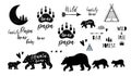 Bear Family set. Forest Papa, Mama, Sister Baby bear black shapes Cute bear prints Pharses with paw Wildlife Royalty Free Stock Photo