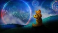 bear family sitting and watching the moon and shooting stars, night fantasy digital art background