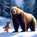Bear father spends time with his son in the frozen fields and forests of the wilderness. The bond between son and father.