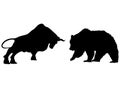 A bear fighting a bull in silhouette With stock market symbols on transpant background