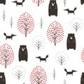 Bear, fox and trees seamless pattern on white background. Royalty Free Stock Photo