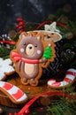 Bear Gingerbread Cookie on Wooden Background, Christmas Treat Royalty Free Stock Photo