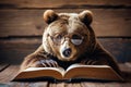 Bear with glasses with open book. Generate ai Royalty Free Stock Photo
