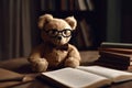 Bear with glasses with open book. Generate ai Royalty Free Stock Photo