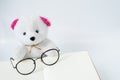 Bear and glasses on opened notebook in white background