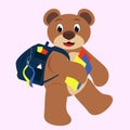 Bear goes to school with a backpack and books