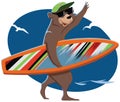 Bear goes to the sea and carries a surfboard Royalty Free Stock Photo