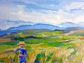 Bear grains Rice field farmer oil painting