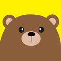 Bear grizzly big head. Cute cartoon character. Forest baby animal collection. Yellow background. . Flat