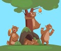 Bear group. Funny cartoon bear in woods eating playing sleeping. Vector cartoon background