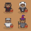 Cartoon of Bear Halloween set. Royalty Free Stock Photo