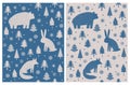 Bear, Hare and Fox Sitting Among Christmas Trees and Snow Flakes. Dark Blue and Beige Scandinavian Style Art.