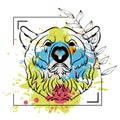 bear head flowers lines tattoo splatter colors in vector art Royalty Free Stock Photo