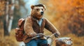 Bear hipster ride with bicycle