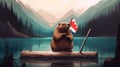 A bear holding a canadian flag sitting on a log. AI generative image.