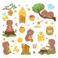 Bear and honey. Cartoon bees bears, cute forest animal flying bee and honeycomb. Sweet healthy food in jar, wild nowaday