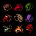 Bear, horse, snake, ram, fox, piranha, dinosaur, octopus head isolated vector logo concept.